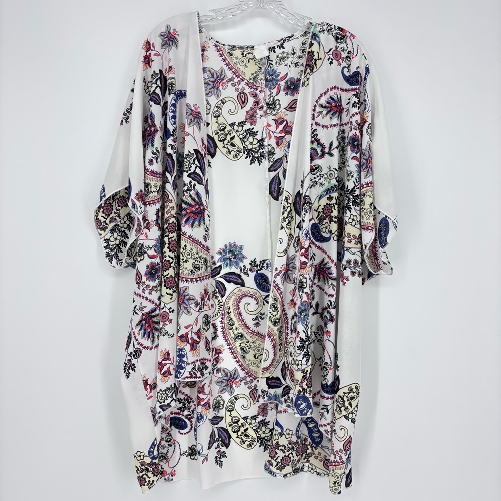 I Joah Kimono Size Large Paisley Floral Semi Sheer Bohemian Cream Blue